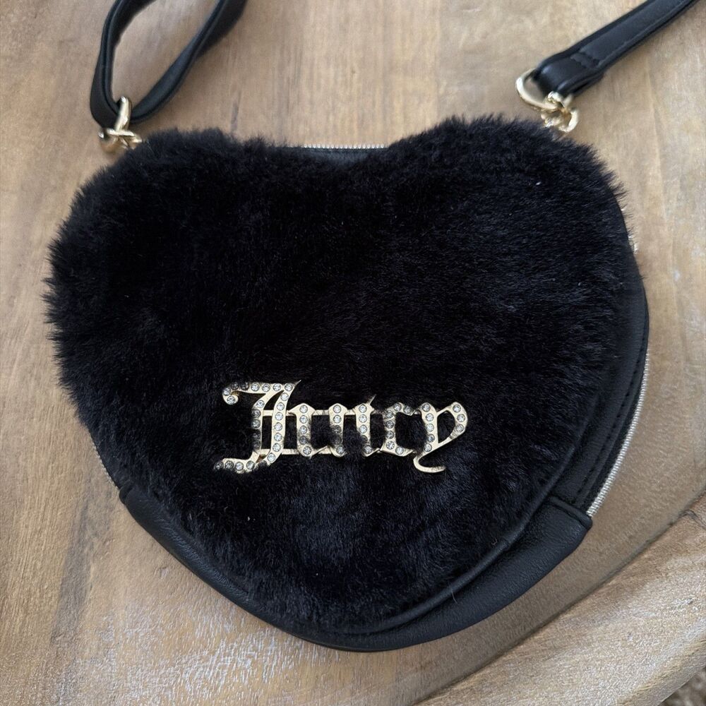 Juicy Couture Crossbody Fluffy Faux Fur Heart Mini Bag w/ Charm Black